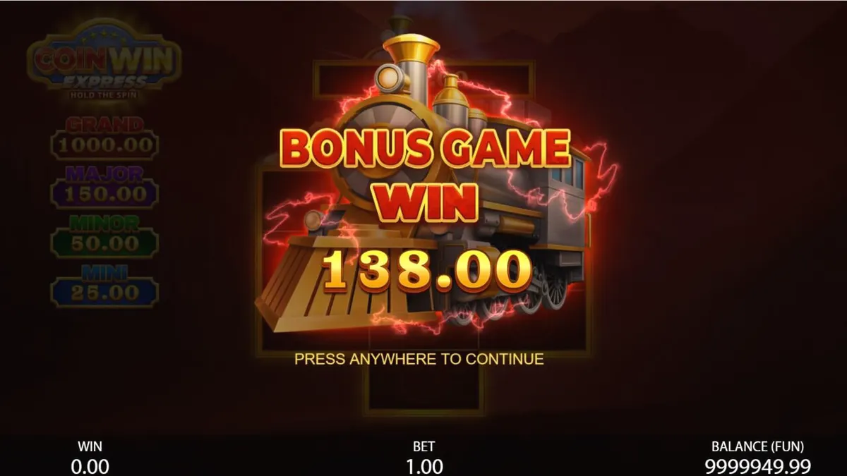 Tampilan visual mesin slot Coin Win Express dengan simbol kereta api dan koin emas.